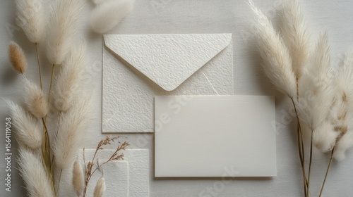 Elegant ivory stationery mockup with dried plants minimalist design