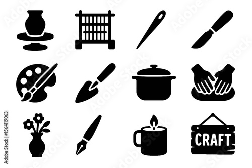 12 black hands-on travel icons on white. Vector for slow, creative experiences.