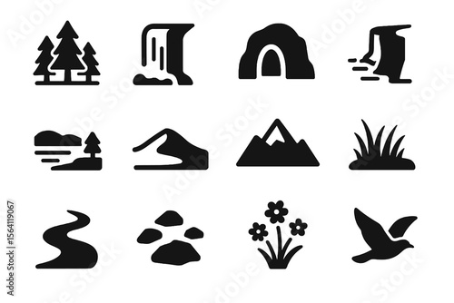 12 black nature destination icons on white. Vector for slow travel and hidden gems.