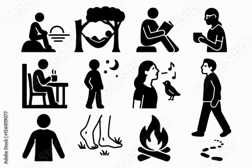 Black icons on white background for contemplative trips. Minimal vector for relaxed design.