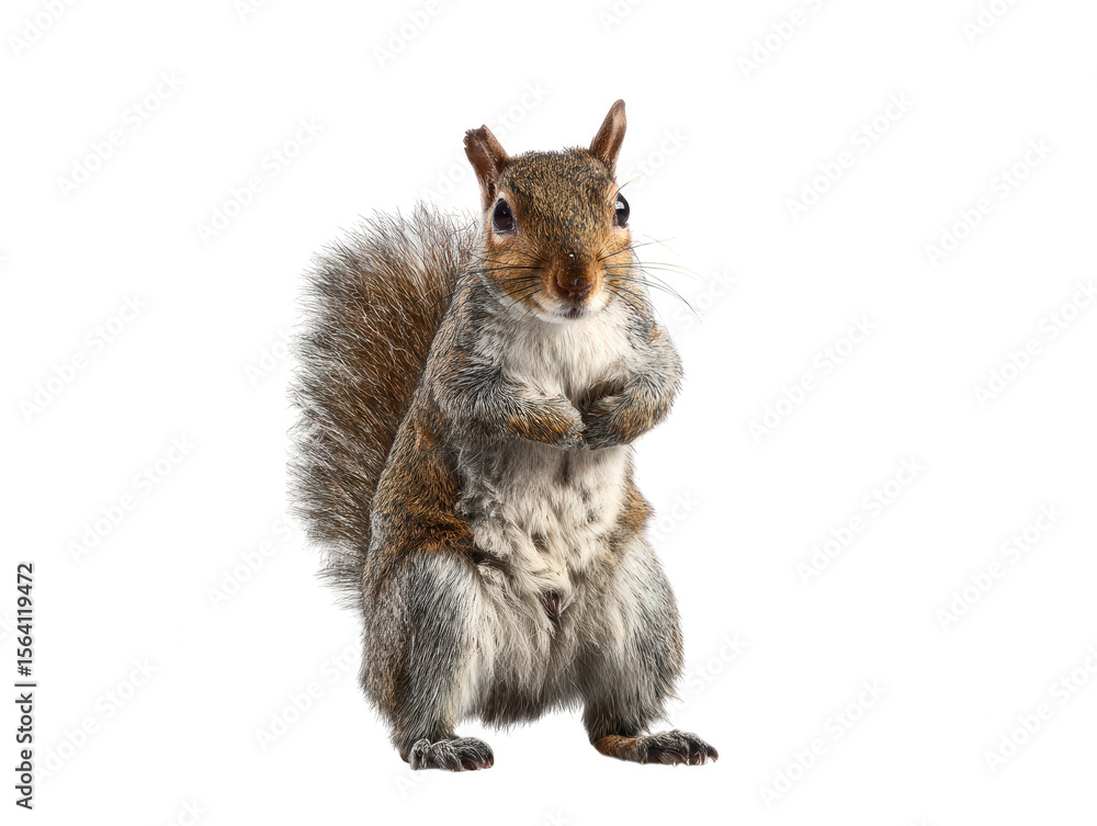 Obraz premium Portrait of an alert Eastern gray squirrel standing upright on its hind legs, isolated on a white background