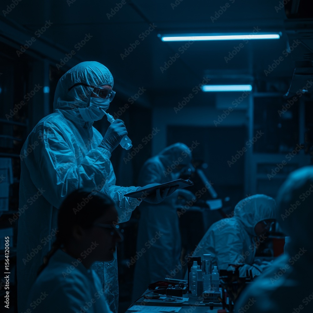 Scientific Inquiry in Protective Gear: Scientists in protective gear, meticulously working in a sterile, dimly lit laboratory, focused on their vital tasks. Scientific Inquiry in Protective Gear: Scientists in protective gear, meticulously working in a sterile, dimly lit laboratory, focused on their vital tasks.