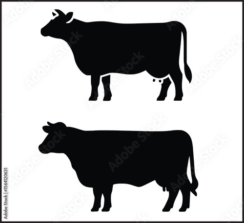 Set of Two Cow Silhouettes in Side View Black Vector Icons