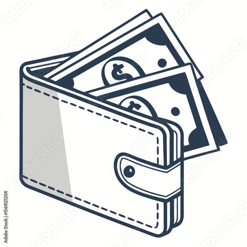 Wallet icon with flap and detailed cash sticking out, neat edges

