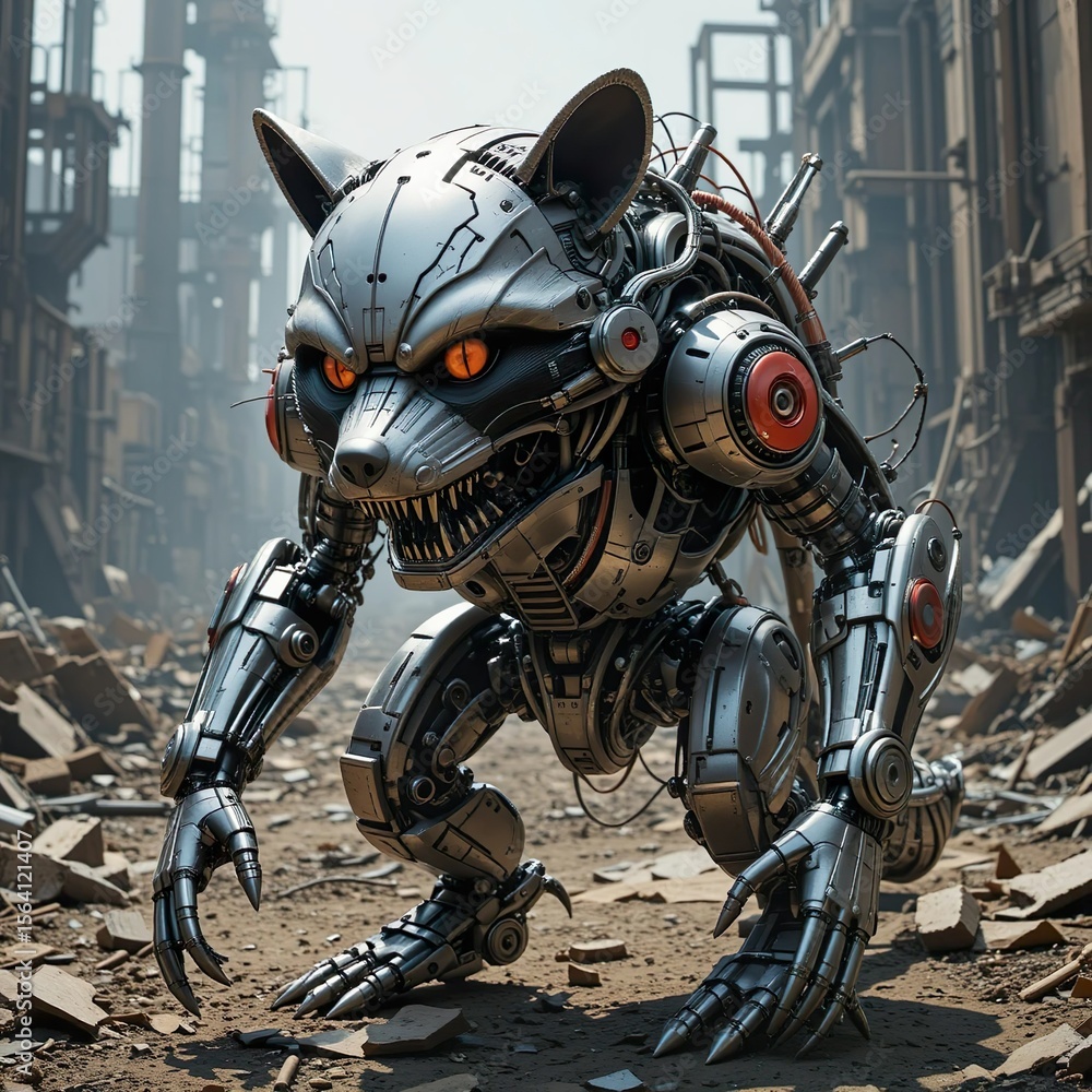 Fototapeta premium Cybernetic Hunter in a Desolate Industrial Zone: Robot Wolf with Glowing Eyes in the Darkness