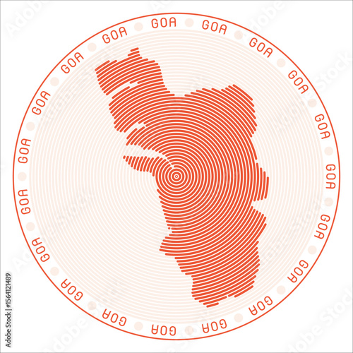 Goa round logo design. State shape build of rings. Goa text around the state. Vector Illustration.