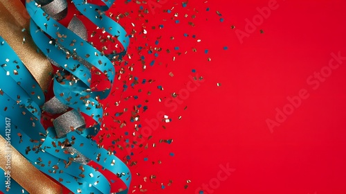 Festive Teal Gold Ribbons Confetti Red Background Celebration Party