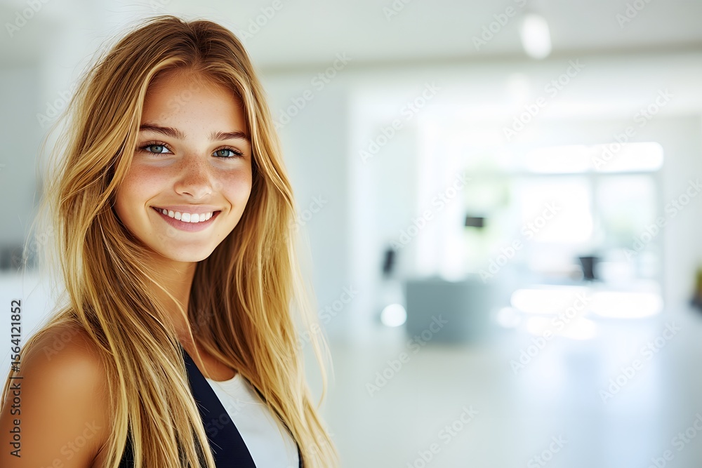 Obraz premium Smiling Blonde Woman Portrait Modern Office Background
