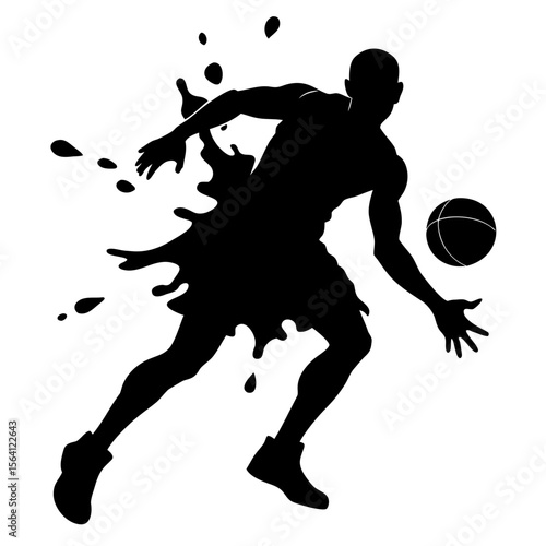 Basketball player dribbling with splash effect silhouette vector illustration