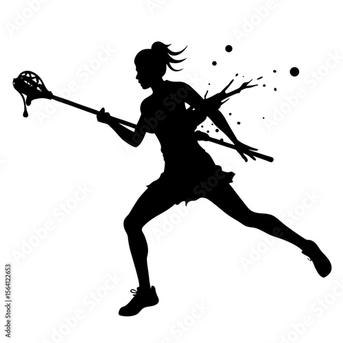 Female lacrosse player running with stick silhouette vector illustration