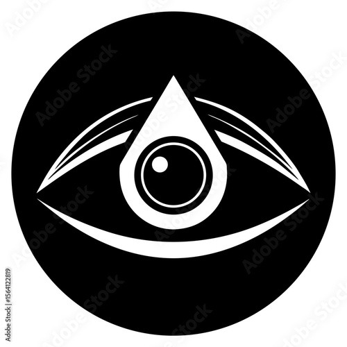 Eye with tear drop in a circle black and white silhouette vector illustration
