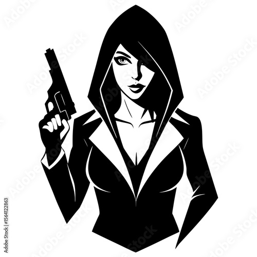 Woman in hood holding gun black and white silhouette vector illustration