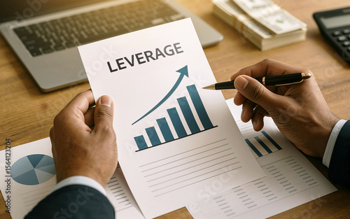Businessman's hands holding leverage document with growth chart, analyzing financial data for investment strategy, office work with calculator and laptop, corporate business strategy planning concept