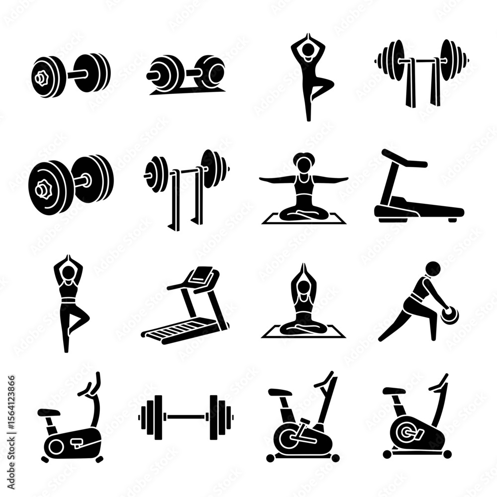 Fototapeta premium Fitness Icons Dumbbells, Yoga, Treadmill, and More