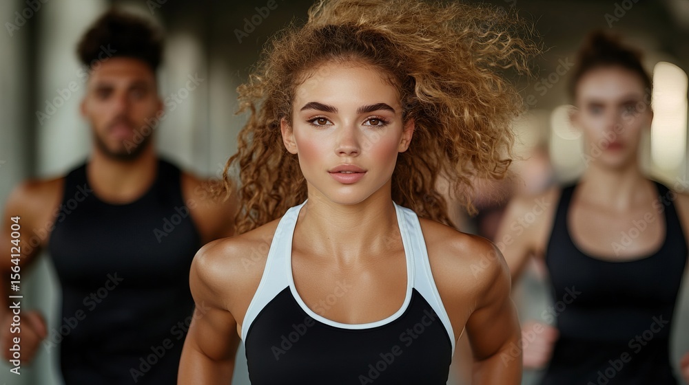 Woman in sports bra stands prominently with two blurred figures running in the background. Woman in sports bra stands prominently with two blurred figures running in the background.