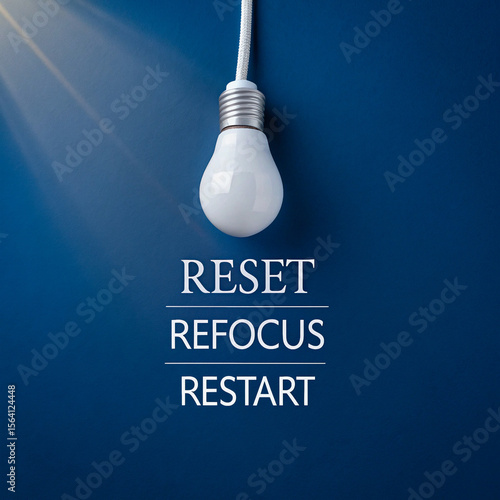 Bright white light bulb above motivational text on a clean blue wall, representing clarity, motivation, fresh start, and focus