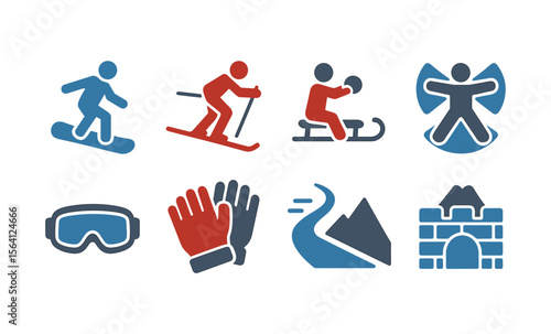Winter sports icons: skiing, snowboarding, sledding, snow adventure symbols