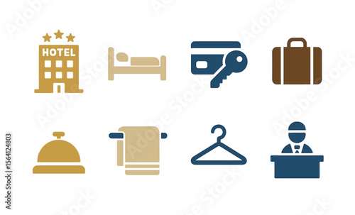 Hotel and lodging icons: bed, key, luggage, concierge, and amenities