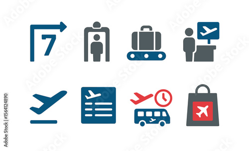 Airport icon set: gate, security, baggage, check-in, terminal symbols for travel design