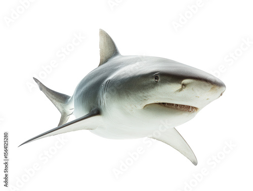 A powerful grey bull shark captured in a detailed studio portrait, swimming forward with its mouth slightly open, isolated on a white background.
