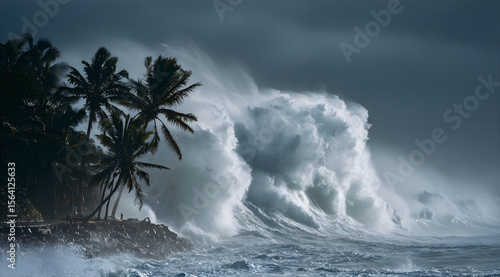 Fotografie Powerful ocean wave crashing near palm trees on rocky coastline