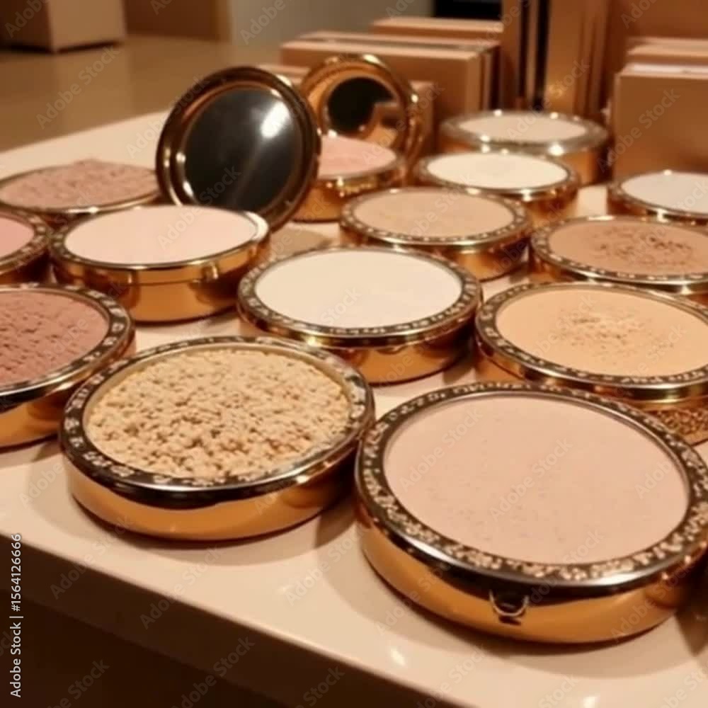 Luxury powder foundation collection with diverse shades and golden compacts for makeup artistry Luxury powder foundation collection with diverse shades and golden compacts for makeup artistry