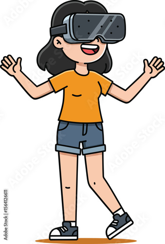 Young woman enjoying immersive virtual reality experience with VR headset and casual summer clothing 