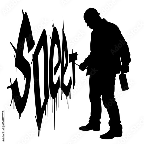 Silhouette of artist spray painting graffiti on white background, urban street art