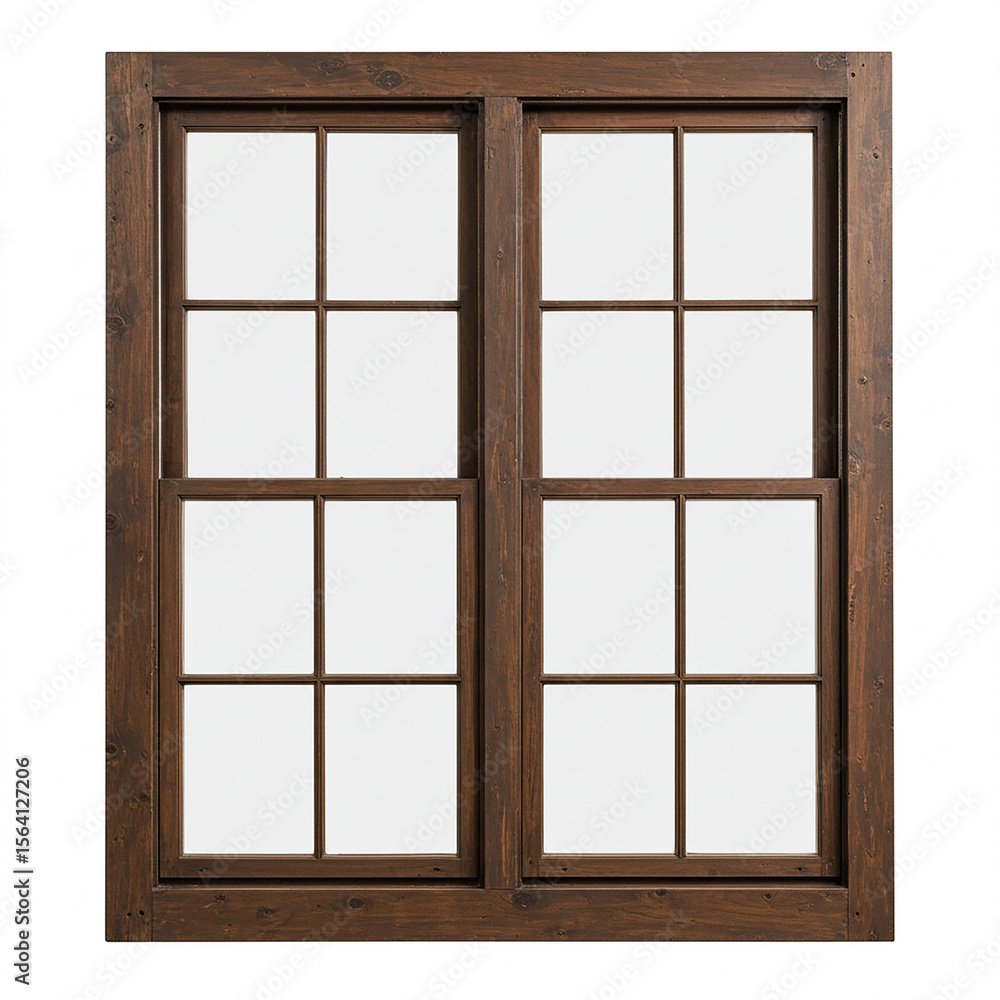 Wooden window frame with double hung sashes and divided glass panes. Interior design element with natural wood texture and a classic, cozy style. Wooden window frame with double hung sashes and divided glass panes. Interior design element with natural wood texture and a classic, cozy style.