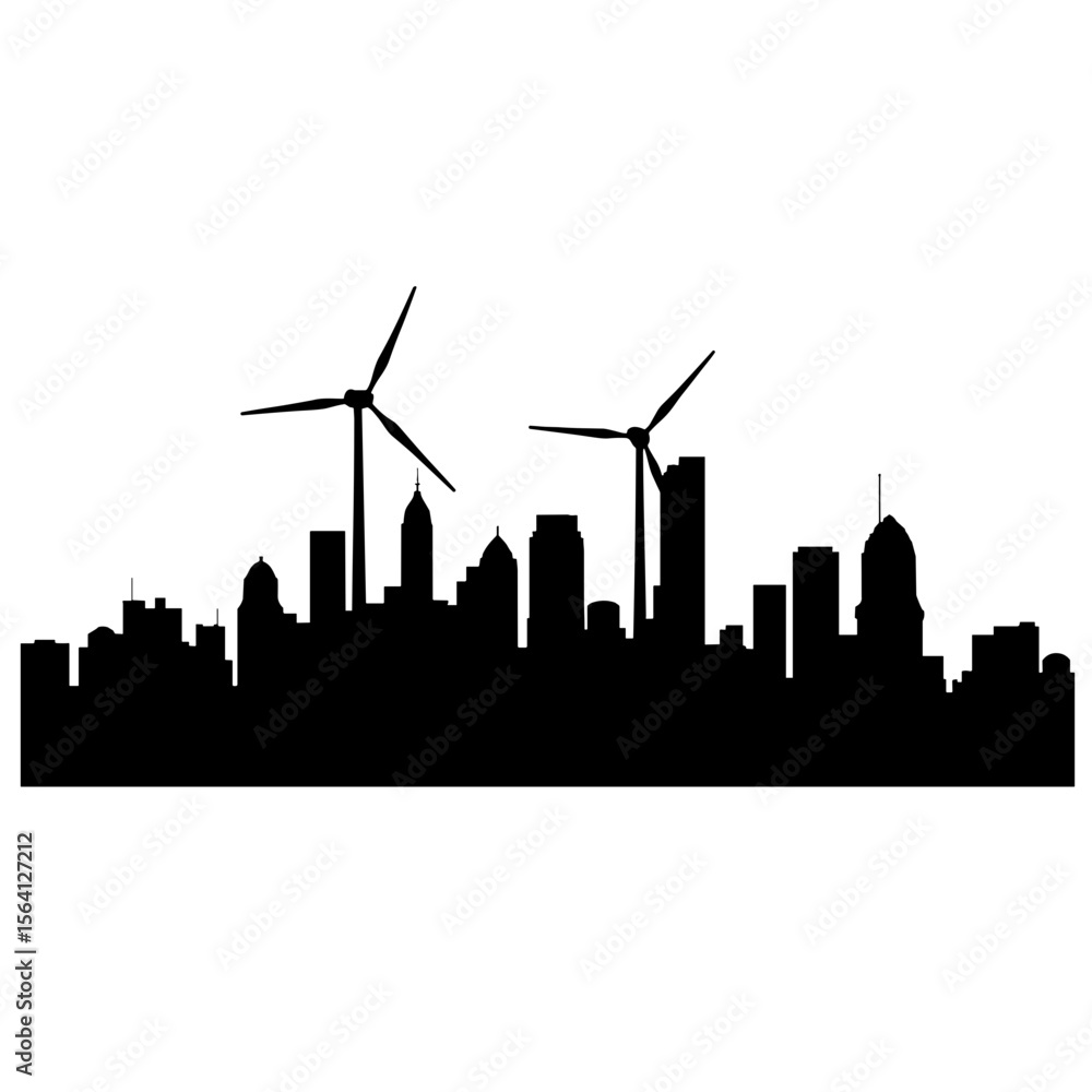 Fototapeta premium Silhouette of city skyline with wind turbines on rooftops, urban renewable energy