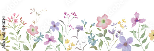 Seamless watercolor border with cute painted flowers. Hand drawn cute illustration. Vector EPS.