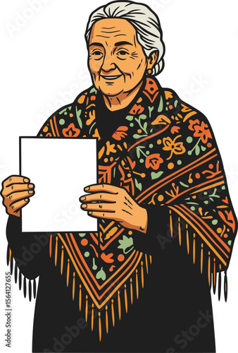 Elderly woman wearing patterned shawl holding blank paper portrait illustration with traditional textile design and gray hair