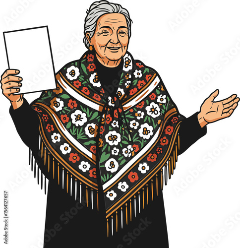 Elderly woman in colorful traditional shawl holding blank paper with welcoming gesture in cultural attire