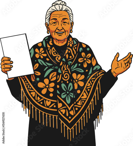 Elderly woman holding blank paper wearing floral patterned shawl with fringe smiling happily 
