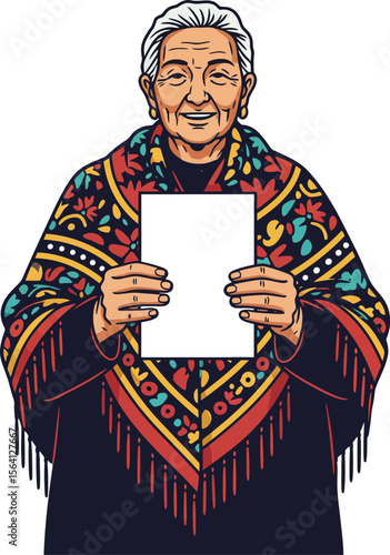 Elderly woman holding blank paper wearing colorful traditional shawl smiling warmly in portrait format 