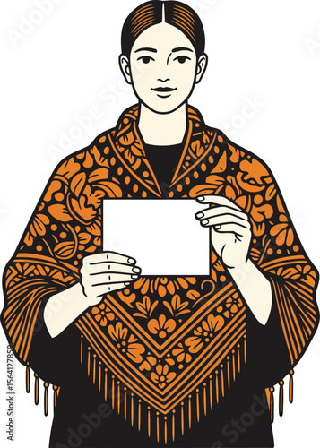 Woman in traditional orange patterned shawl holding blank paper in front portrait illustration 
