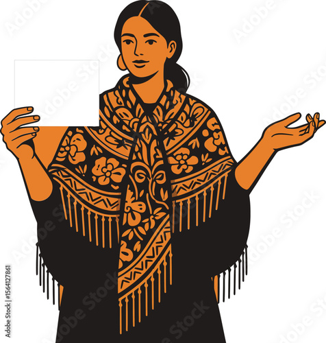 Woman wearing traditional embroidered shawl with floral patterns and fringe design in warm orange and black colors 