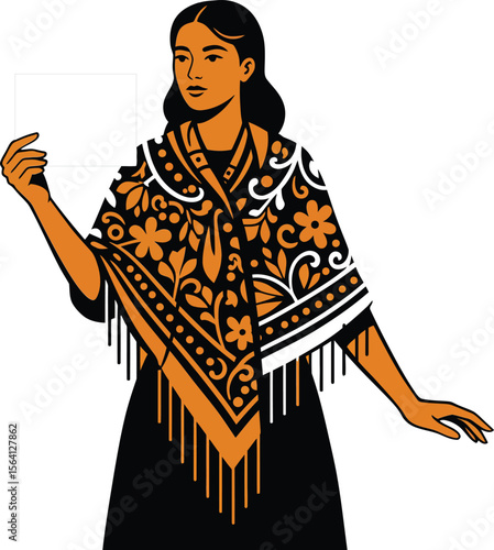 Woman wearing black dress with floral patterned orange and white shawl standing in pose illustration