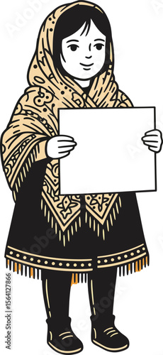 Young girl holding blank sign wearing patterned shawl and dress in vintage style illustration with soft beige and black tones 