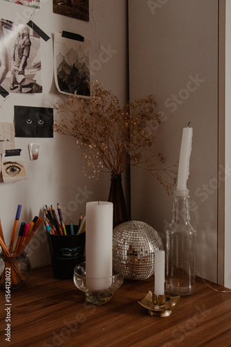 dark academia Still Life of Candles and Dried Flowers