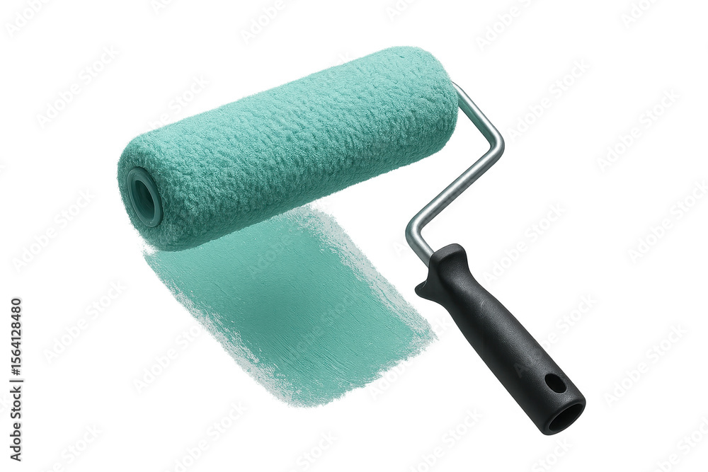 Obraz premium Paint roller with blue paint stroke isolated on transparent background, tool