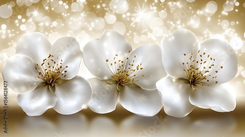 Elegant White Flowers Golden Bokeh Background