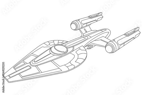 A sleek, futuristic starship, outlined in black ink.
