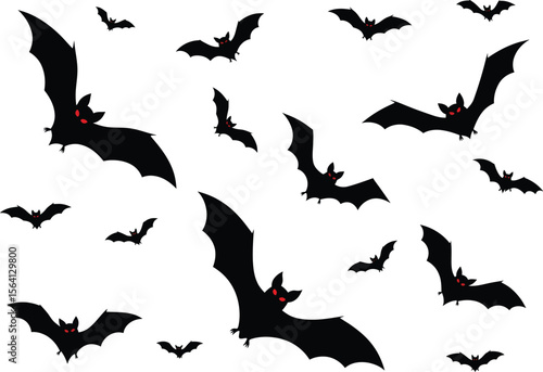 Flying bats pattern with glowing red eyes. Scary Halloween vector background.