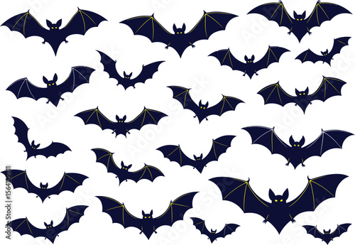 Collection of stylized blue bats with glowing yellow eyes. Spooky Halloween vector illustration set.