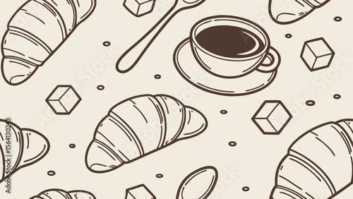 Seamless pattern with croissants, coffee cups, sugar cubes, and spoons in a warm vintage style. Perfect for cafes, packaging, and breakfast branding