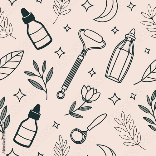 Seamless wellness pattern with oils, jade rollers, crystals, flowers, and diffusers. Pastel tones, ideal for beauty branding