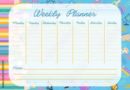 Colorful childrens weekly planner background for notes with school supplies