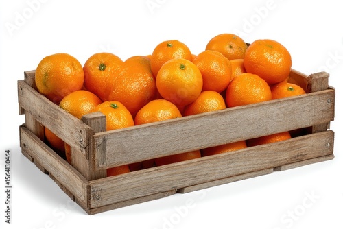 A rustic wooden crate overflowing with bright, ripe mandarin oranges against a stark white background.  The oranges are densely packed, showcasing their vibrant color and smooth skins