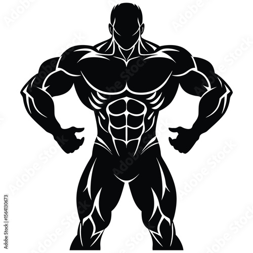 Powerful Bodybuilder Silhouette: Strong, Muscular, Fitness, Vector Graphic, Black and White, Motivational, Gym, Strength, Exercise.